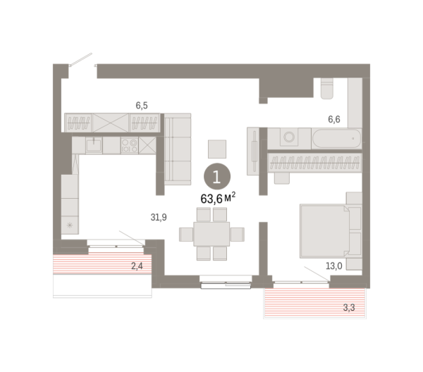 Новая 1-к квартира
 63.6 м² на 7/8 этаже в ЖК «Северный квартал» в городе Тюмень 