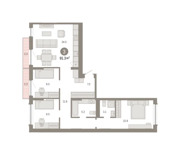 Новая 3-к квартира
 91.25 м² на 6/8 этаже в ЖК «Октябрьский на Туре» в городе Тюмень 