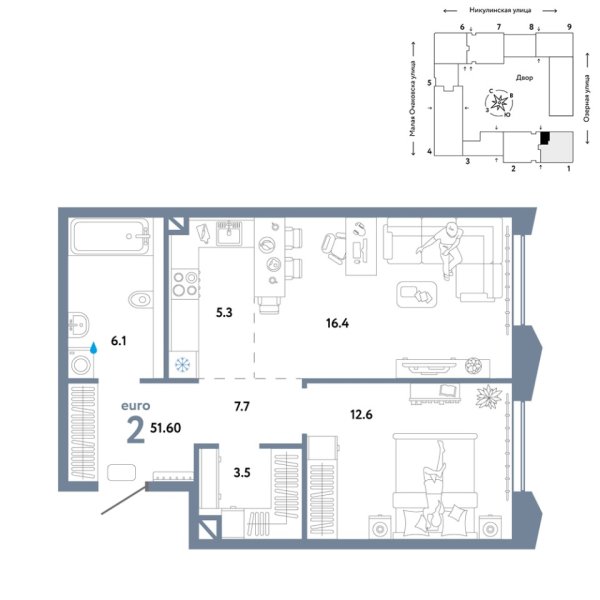 Новая 2-к квартира
 51.6 м² на 23/30 этаже в ЖК «Страна.Озёрная» в городе Тюмень 