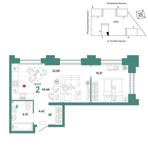 Новая 2-к квартира
 41.44 м² на 19/31 этаже в ЖК «Звёздный» в городе Тюмень 