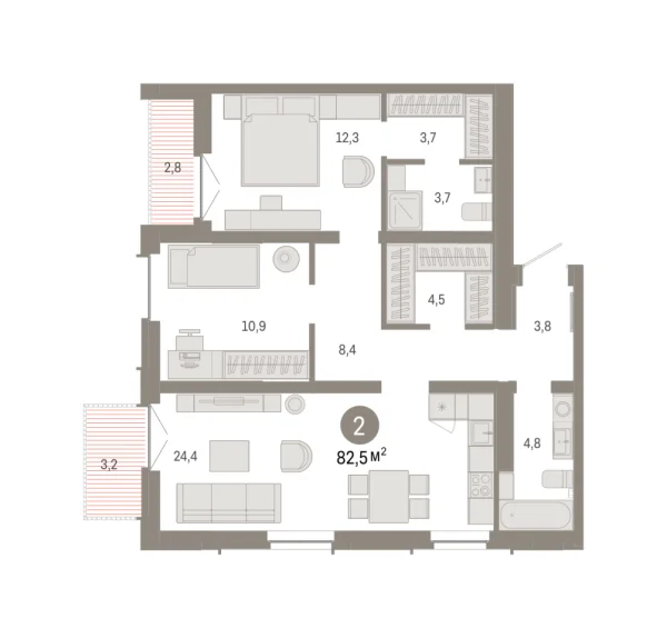 Новая 2-к квартира
 82.53 м² на 15/16 этаже в ЖК «Республики 205» в городе Тюмень 