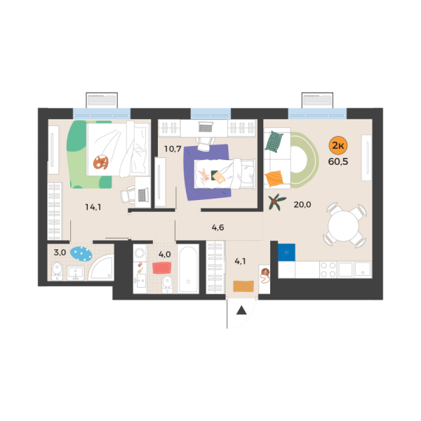 Новая 2-к квартира
 60.5 м² на 18/25 этаже в ЖК «Корней» в городе Тюмень 