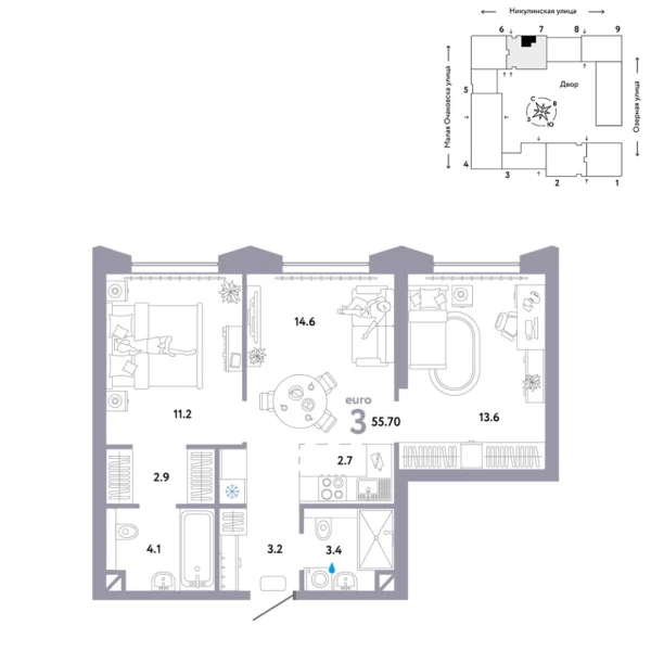 Новая 3-к квартира
 55.7 м² на 20/30 этаже в ЖК «Страна.Озёрная» в городе Тюмень 