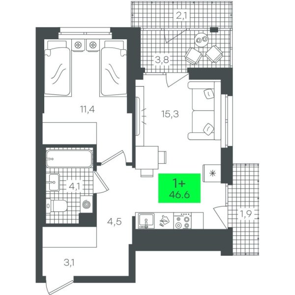 Новая 1-к квартира
 46.61 м² на 5/22 этаже в ЖК «Гранд Квартал» в городе Тюмень 