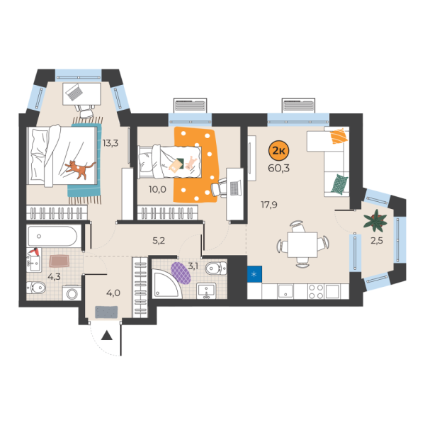 Новая 2-к квартира
 58.6 м² на 15/25 этаже в ЖК «Корней» в городе Тюмень 
