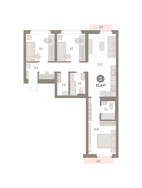 Новая 3-к квартира
 81.36 м² на 7/9 этаже в ЖК «Брусника в Академическом» в городе Тюмень 