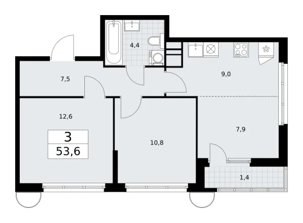 Новая 3-к квартира
 53.6 м² на 7/10 этаже в ЖК «Родные кварталы» в городе Тюмень 