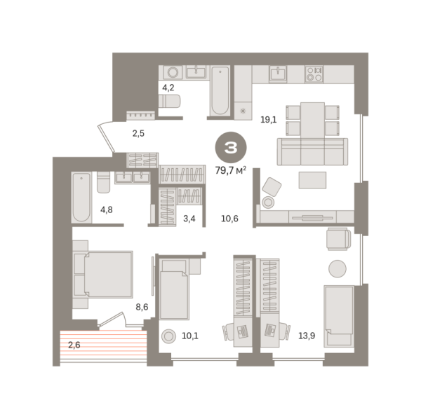 Новая 3-к квартира
 79.72 м² на 8/17 этаже в ЖК «Первый квартал» в городе Тюмень 