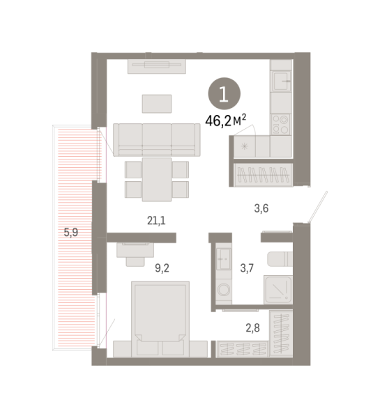 Новая 1-к квартира
 46.15 м² на 8/9 этаже в ЖК «Республики 205» в городе Тюмень 