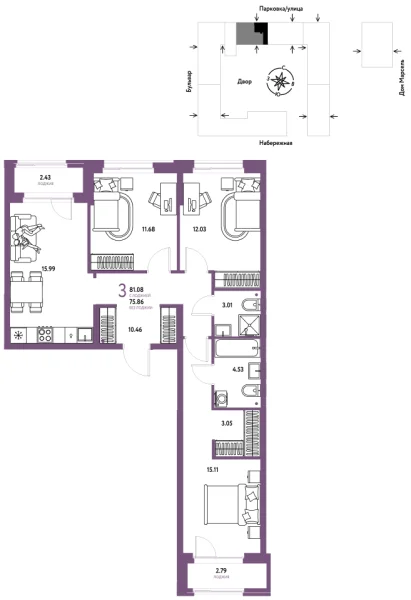 Новая 3-к квартира
 81.08 м² на 4/24 этаже в ЖК «Европейский берег 2.0» в городе Тюмень 