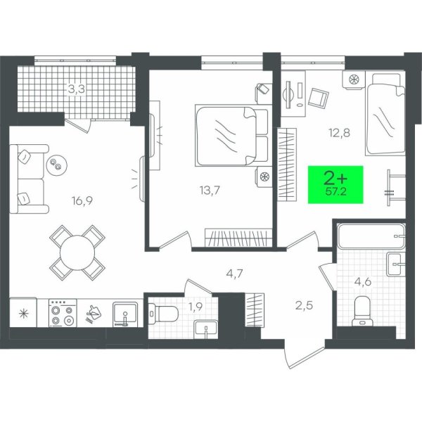 Новая 2-к квартира
 60.62 м² на 15/17 этаже в ЖК «Гранд Квартал» в городе Тюмень 