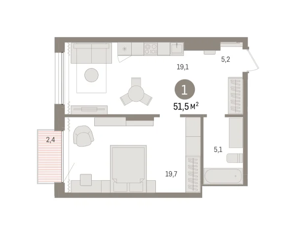 Новая 1-к квартира
 51.47 м² на 13/17 этаже в ЖК «Октябрьский на Туре» в городе Тюмень 