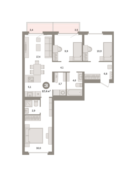 Новая 3-к квартира
 87.35 м² на 3/9 этаже в ЖК «Квартал «Депо»» в городе Тюмень 