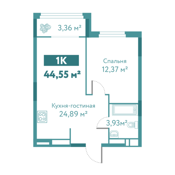 Новая 1-к квартира
 44.55 м² на 6/10 этаже в ЖК «Акватория» в городе Тюмень 