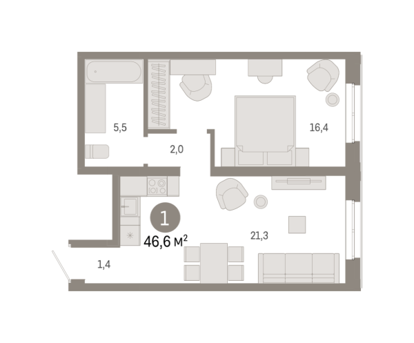 Новая 1-к квартира
 46.6 м² на 15/17 этаже в ЖК «Южные кварталы» в городе Тюмень 
