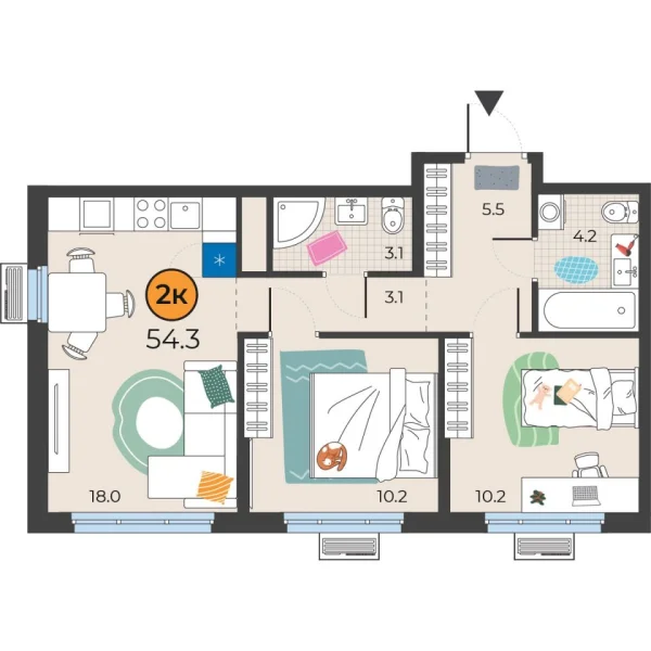 Новая 2-к квартира
 54.3 м² на 10/25 этаже в ЖК «Корней» в городе Тюмень 