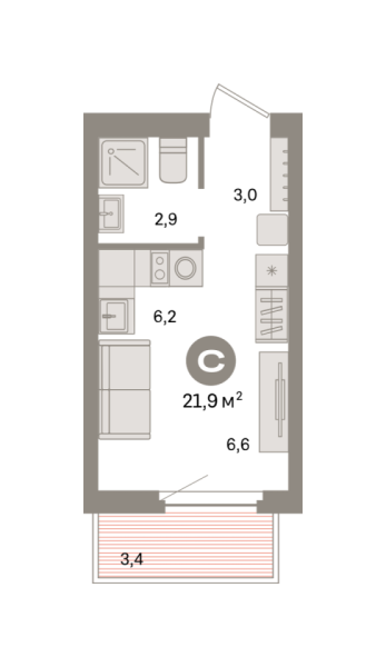 Новая квартира-студия
 21.92 м² на 3/9 этаже в ЖК «Квартал «Депо»» в городе Тюмень 