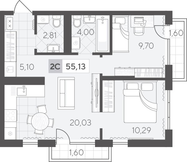 Новая 2-к квартира
 55.13 м² на 9/17 этаже в ЖК «Скандиа. Квартал в Комарово Парк» в городе Тюмень 