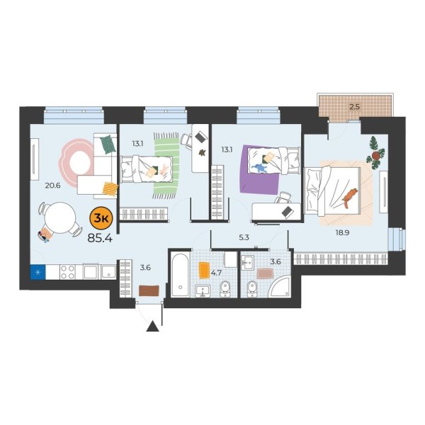 Новая 3-к квартира
 85.4 м² на 4/7 этаже в ЖК «Корней» в городе Тюмень 