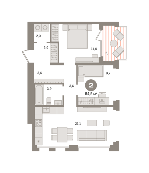 Новая 2-к квартира
 64.5 м² на 7/8 этаже в ЖК «Дом «А»» в городе Тюмень 
