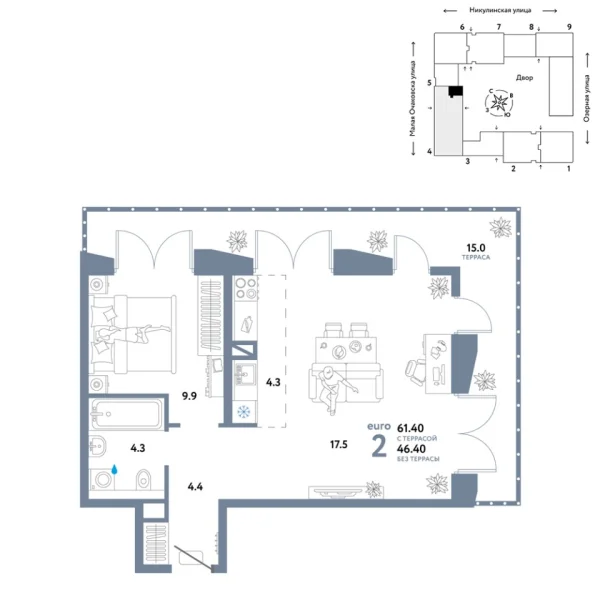 Новая 2-к квартира
 61.4 м² на 19/30 этаже в ЖК «Страна.Озёрная» в городе Тюмень 