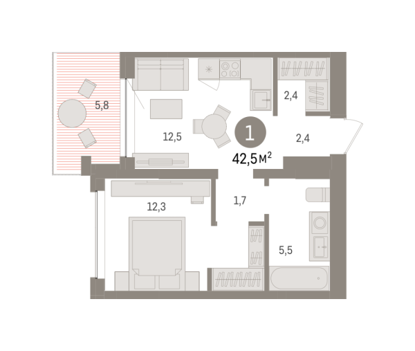 Новая 1-к квартира
 42.47 м² на 2/8 этаже в ЖК «Европейский квартал» в городе Тюмень 