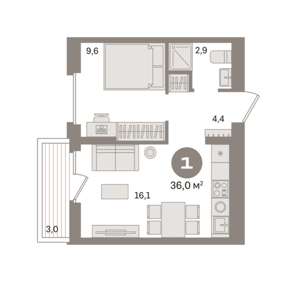 Новая 1-к квартира
 36.01 м² на 5/9 этаже в ЖК «Первый квартал» в городе Тюмень 