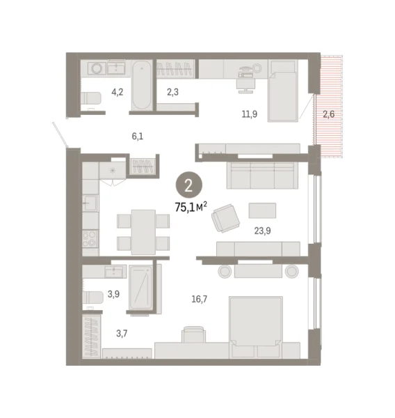 Новая 2-к квартира
 75.12 м² на 6/17 этаже в ЖК «Октябрьский на Туре» в городе Тюмень 
