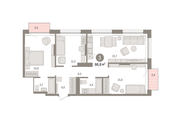 Новая 3-к квартира
 86.63 м² на 15/17 этаже в ЖК «Октябрьский на Туре» в городе Тюмень 