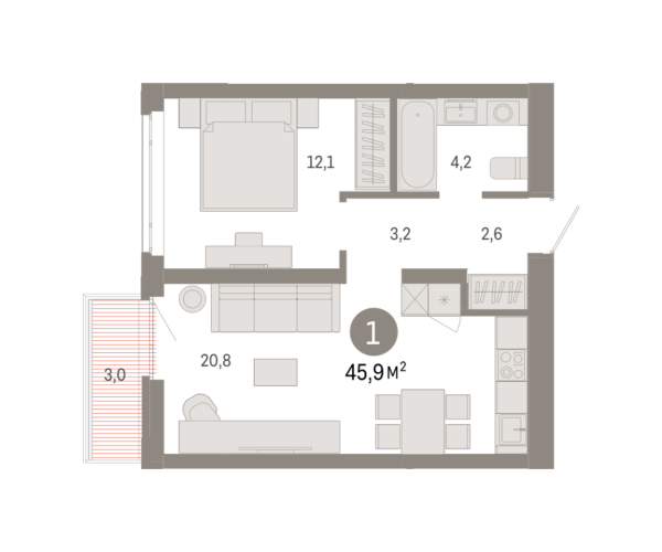 Новая 1-к квартира
 45.87 м² на 6/8 этаже в ЖК «Республики 205» в городе Тюмень 