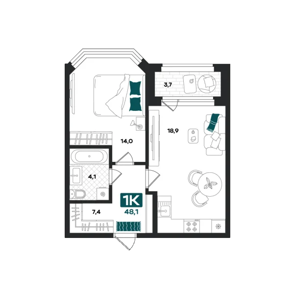 Новая 1-к квартира
 48.1 м² на 7/23 этаже в ЖК «Добро» в городе Тюмень 