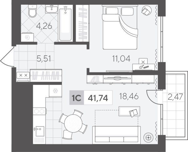 Новая 1-к квартира
 41.74 м² на 10/17 этаже в ЖК «Скандиа. Квартал в Комарово Парк» в городе Тюмень 