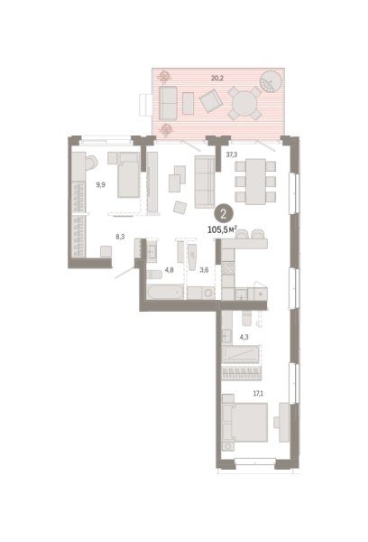Новая 2-к квартира
 105.47 м² на 2/7 этаже в ЖК «Кварталы «На Минской»» в городе Тюмень 
