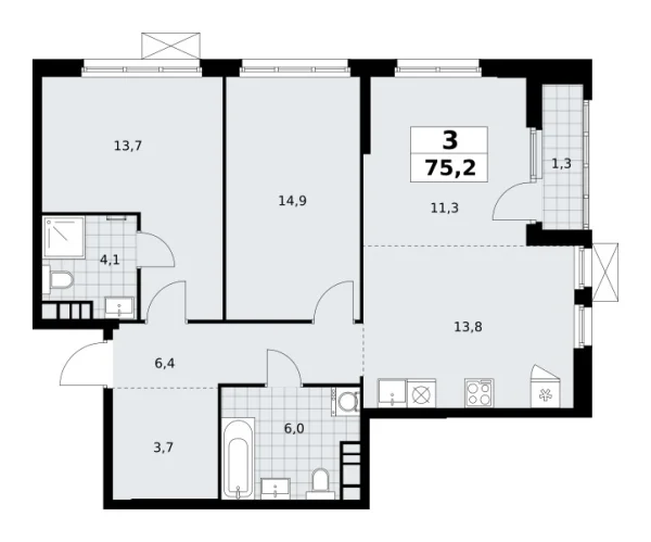 Новая 3-к квартира
 75.2 м² на 18/24 этаже в ЖК «Южные сады» в городе Тюмень 