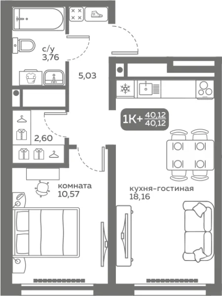 Новая 1-к квартира
 40.12 м² на 18/20 этаже в ЖК «Меридиан Слобода» в городе Тюмень 