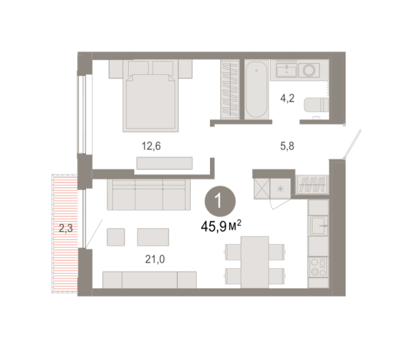 Новая 1-к квартира
 45.93 м² на 11/17 этаже в ЖК «Октябрьский на Туре» в городе Тюмень 