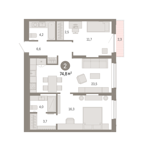 Новая 2-к квартира
 74.82 м² на 6/17 этаже в ЖК «Октябрьский на Туре» в городе Тюмень 