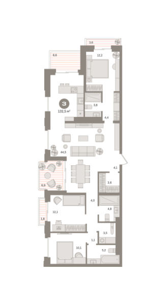 Новая 3-к квартира
 132.47 м² на 15/27 этаже в ЖК «Квартал «МОНС»» в городе Тюмень 