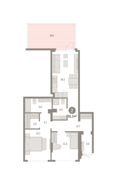 Новая 2-к квартира
 91.27 м² на 1/8 этаже в ЖК «Брусника в Академическом» в городе Тюмень 
