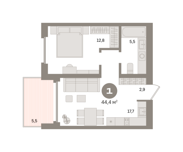 Новая 1-к квартира
 44.4 м² на 16/24 этаже в ЖК «Южные кварталы» в городе Тюмень 
