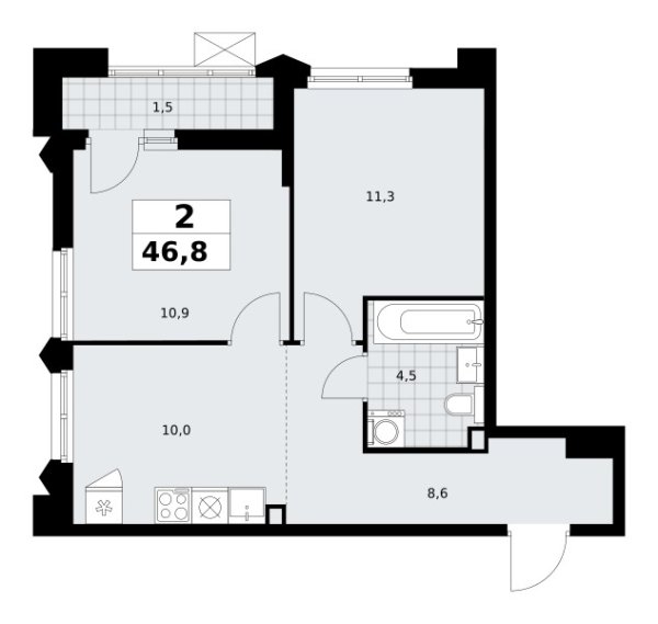 Новая 2-к квартира
 46.8 м² на 2/16 этаже в ЖК «Деснаречье» в городе Тюмень 