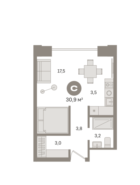 Новая квартира-студия
 30.93 м² на 12/17 этаже в ЖК «Гудзон» в городе Тюмень 