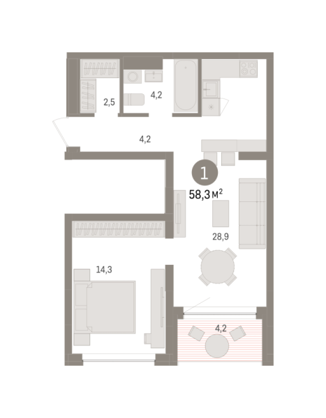 Новая 1-к квартира
 58.31 м² на 2/8 этаже в ЖК «Европейский квартал» в городе Тюмень 