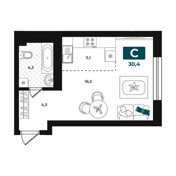 Новая квартира-студия
 30.4 м² на 2/23 этаже в ЖК «Добро» в городе Тюмень 