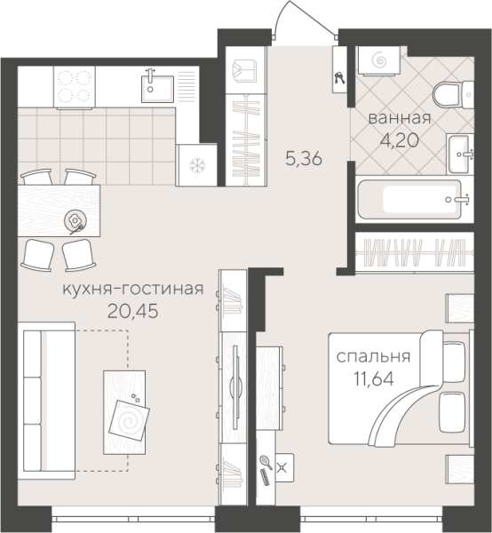 Новая 1-к квартира
 41.65 м² на 2/4 этаже в ЖК «Скандиа. Квартал у Озера» в городе Тюмень 