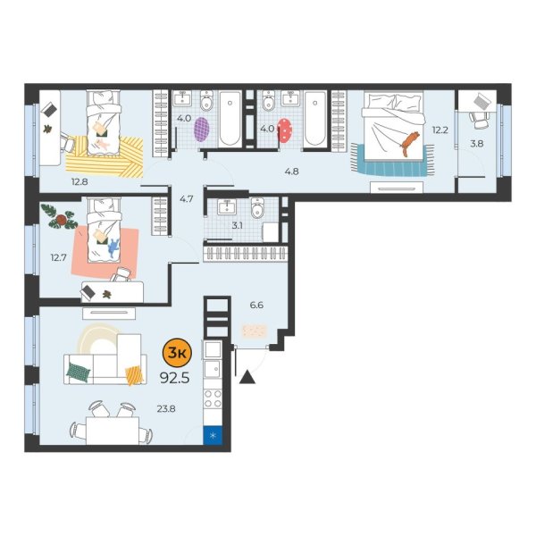 Новая 3-к квартира
 92.5 м² на 5/14 этаже в ЖК «Корней» в городе Тюмень 