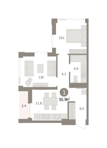 Новая 1-к квартира
 50.93 м² на 23/25 этаже в ЖК «Зарека» в городе Тюмень 