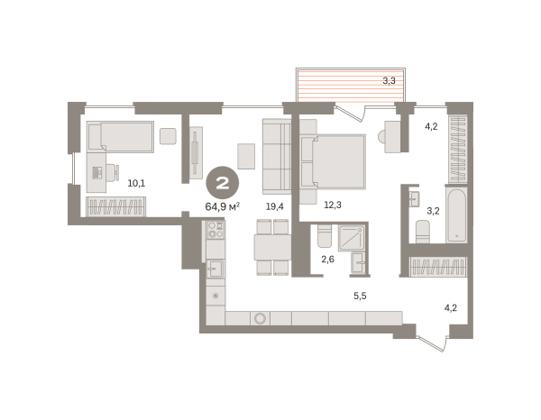 Новая 2-к квартира
 64.85 м² на 3/8 этаже в ЖК «Северный квартал» в городе Тюмень 