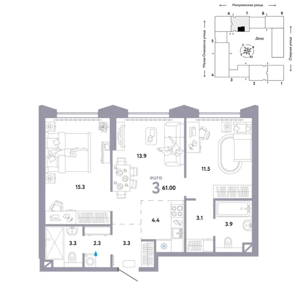 Новая 3-к квартира
 61 м² на 19/30 этаже в ЖК «Страна.Озёрная» в городе Тюмень 