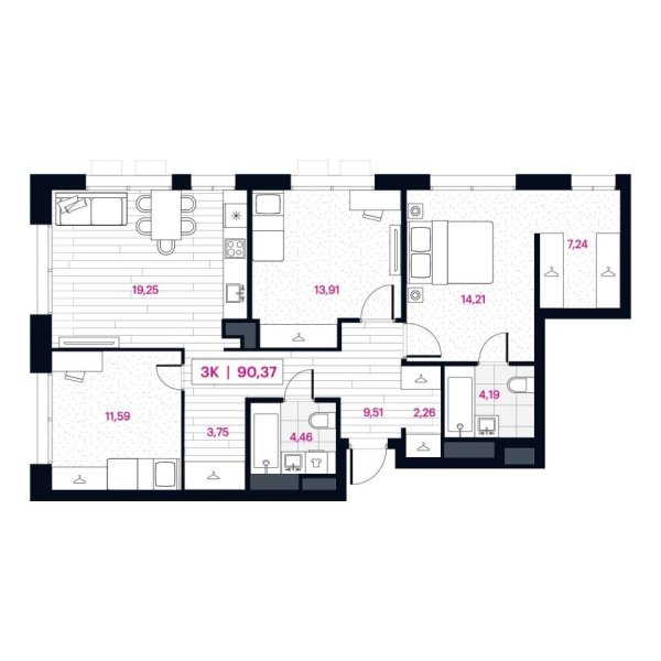Новая 3-к квартира
 90.37 м² на 6/16 этаже в ЖК «Пушкина» в городе Тюмень 